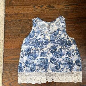 Garage Blue and White Paisley Lace-Hem Tank Top
